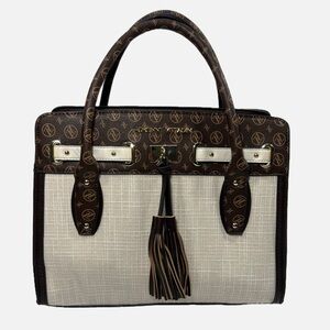 Adrienne Vittadini Brown Vegan Leather and Cream Linen Medium  Handbag